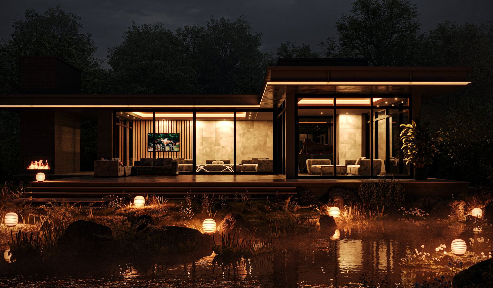Modern home at night